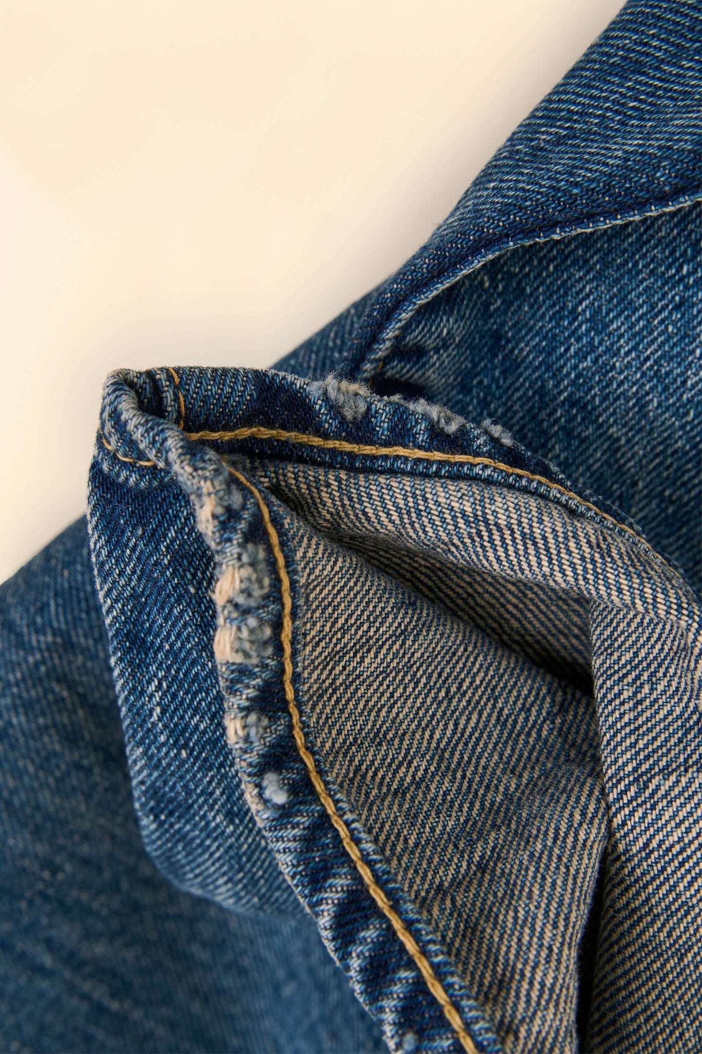 Godspeed 1950UV 13oz Vintage Wash Wide Straight Japanese Selvedge Jeans – distressed hem with chain-stitch roping detail