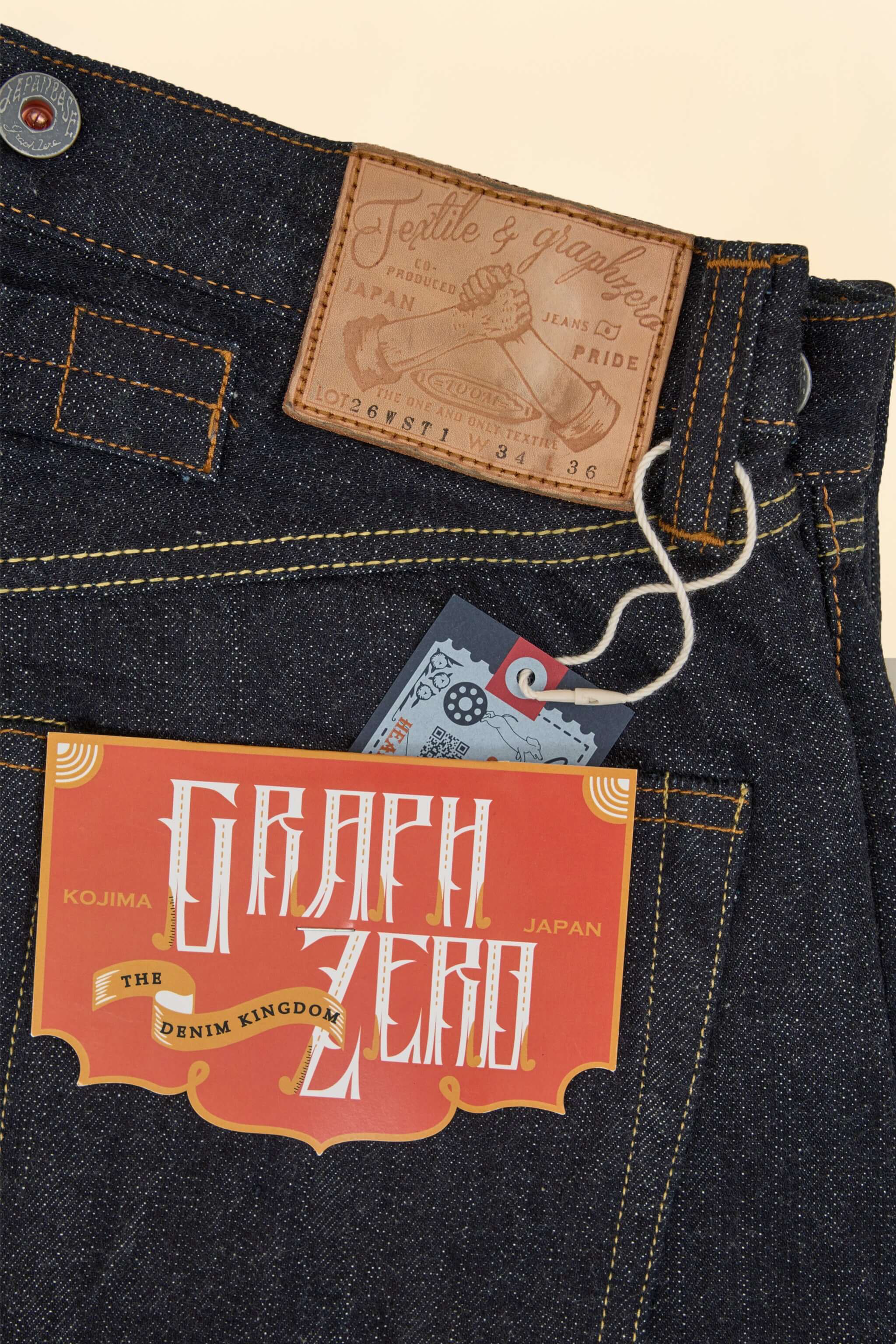 Graph Zero Heritage Denim - 13oz close-up with leather patch and tag on vintage selvedge denim.