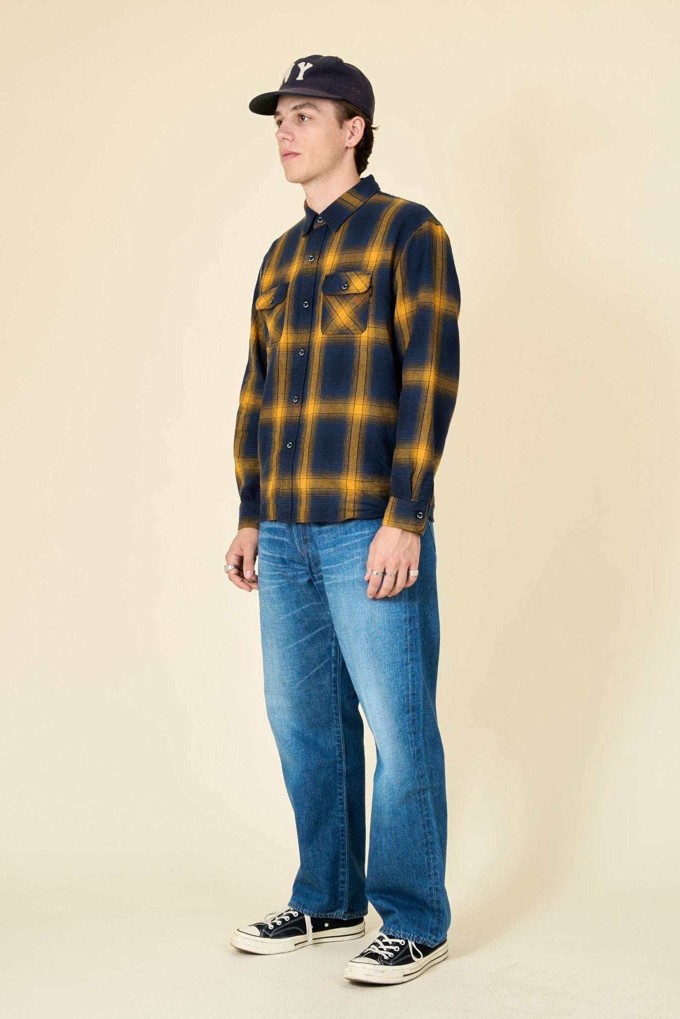Rats Cotton Linen Check Shirt - Navy / Yellow - Rats - URAHARA