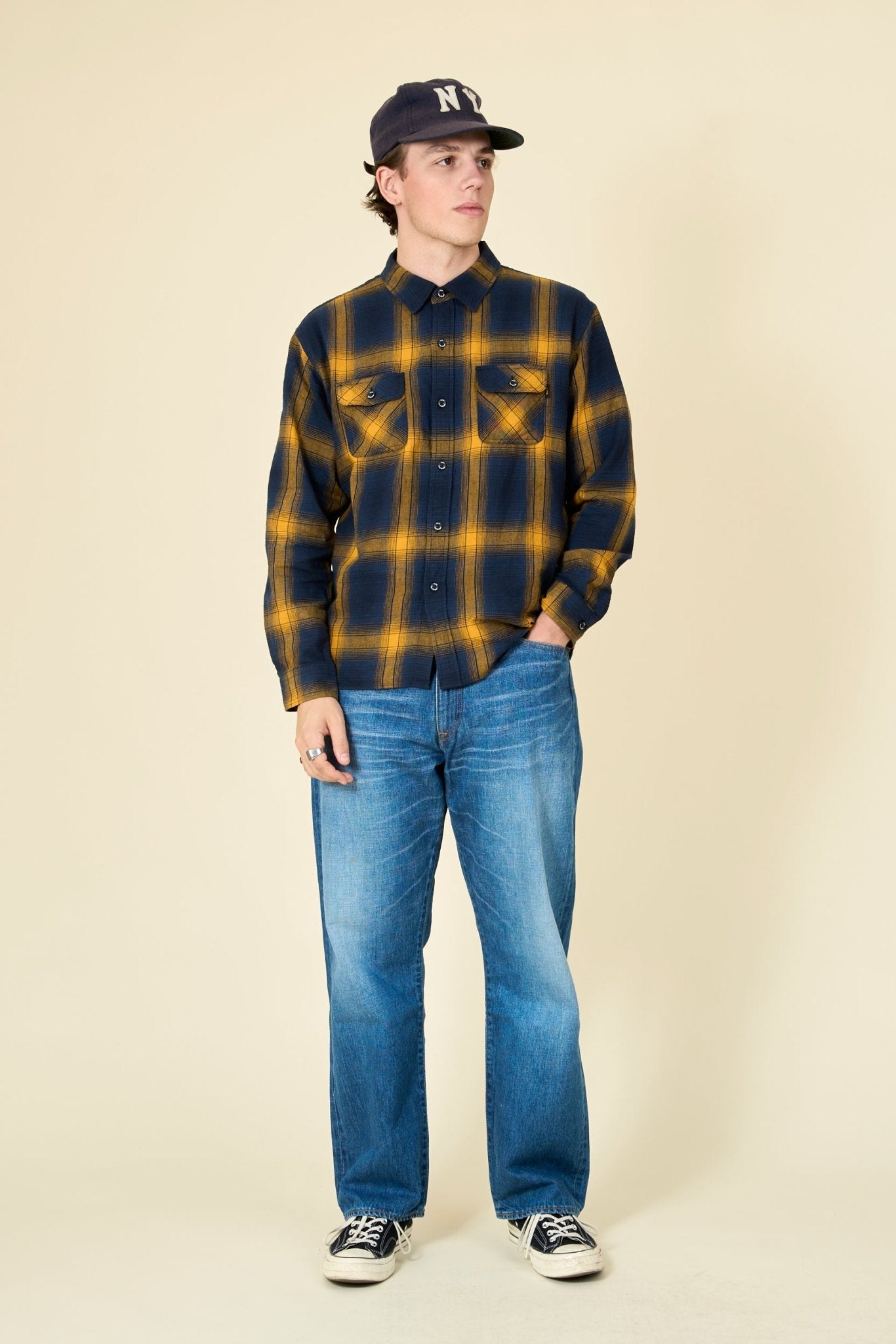 Rats Cotton Linen Check Shirt - Navy / Yellow - Rats - URAHARA