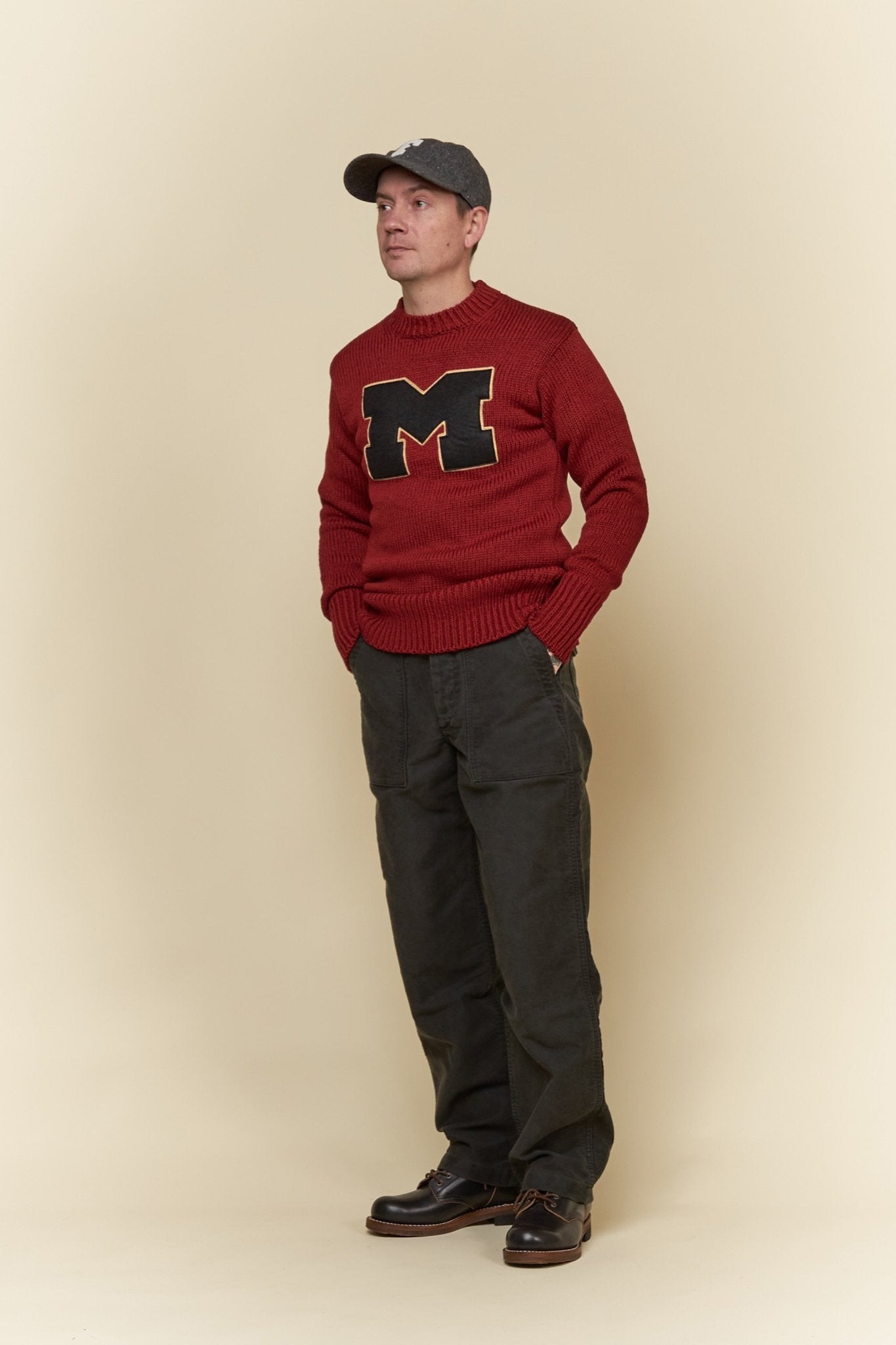 Fullcount Husk Wool Letterman School Sweater - Burgundy -Fullcount - URAHARA