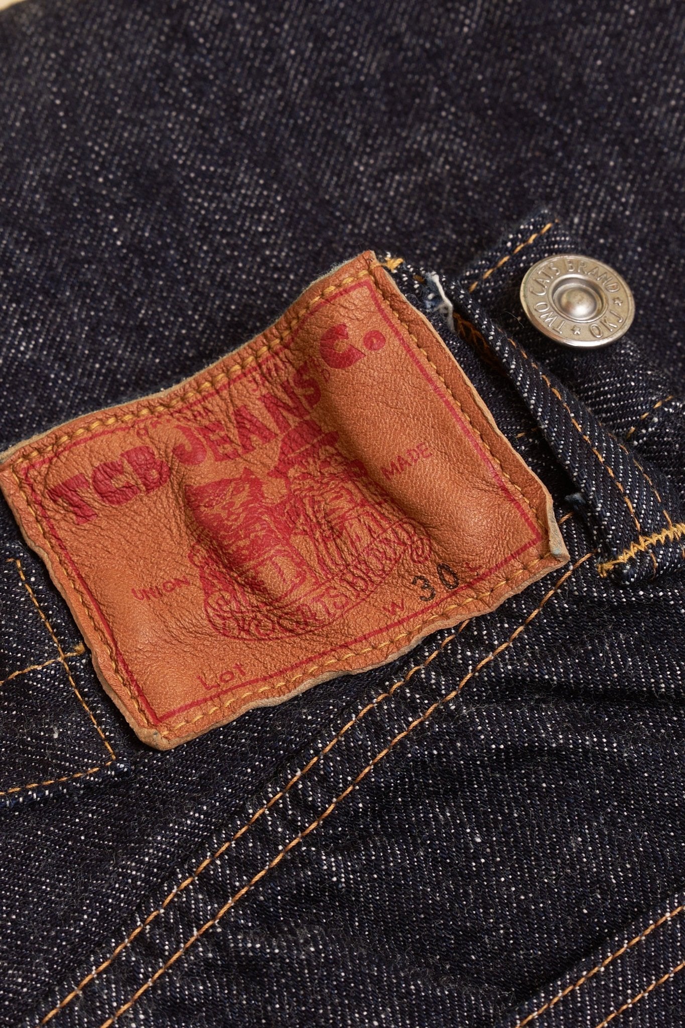 TCB 20’s Jeans – front-on fit view showing leather patch