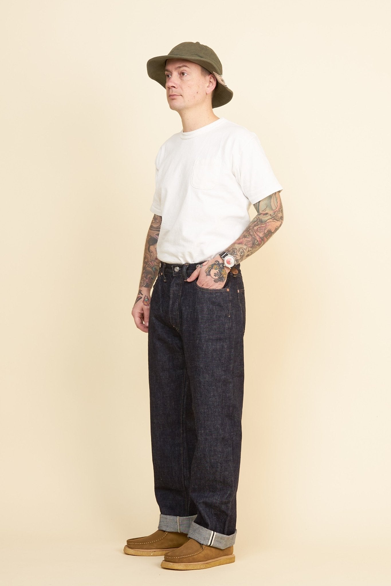 TCB 20’s Jeans – side profile showing straight-leg fit and classic 1920s cut.