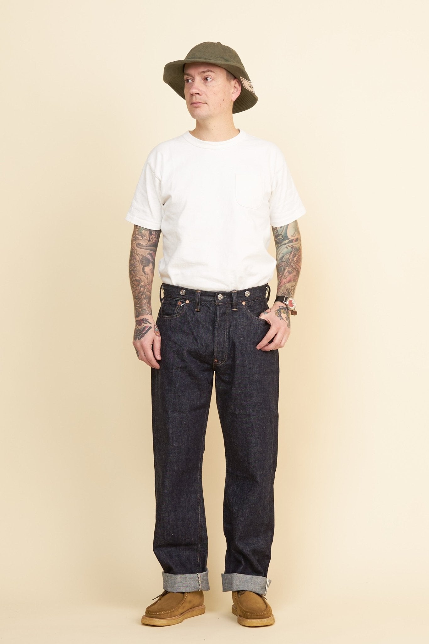 TCB 20’s Jeans – front-on fit view showing medium-high rise and straight-leg silhouette.