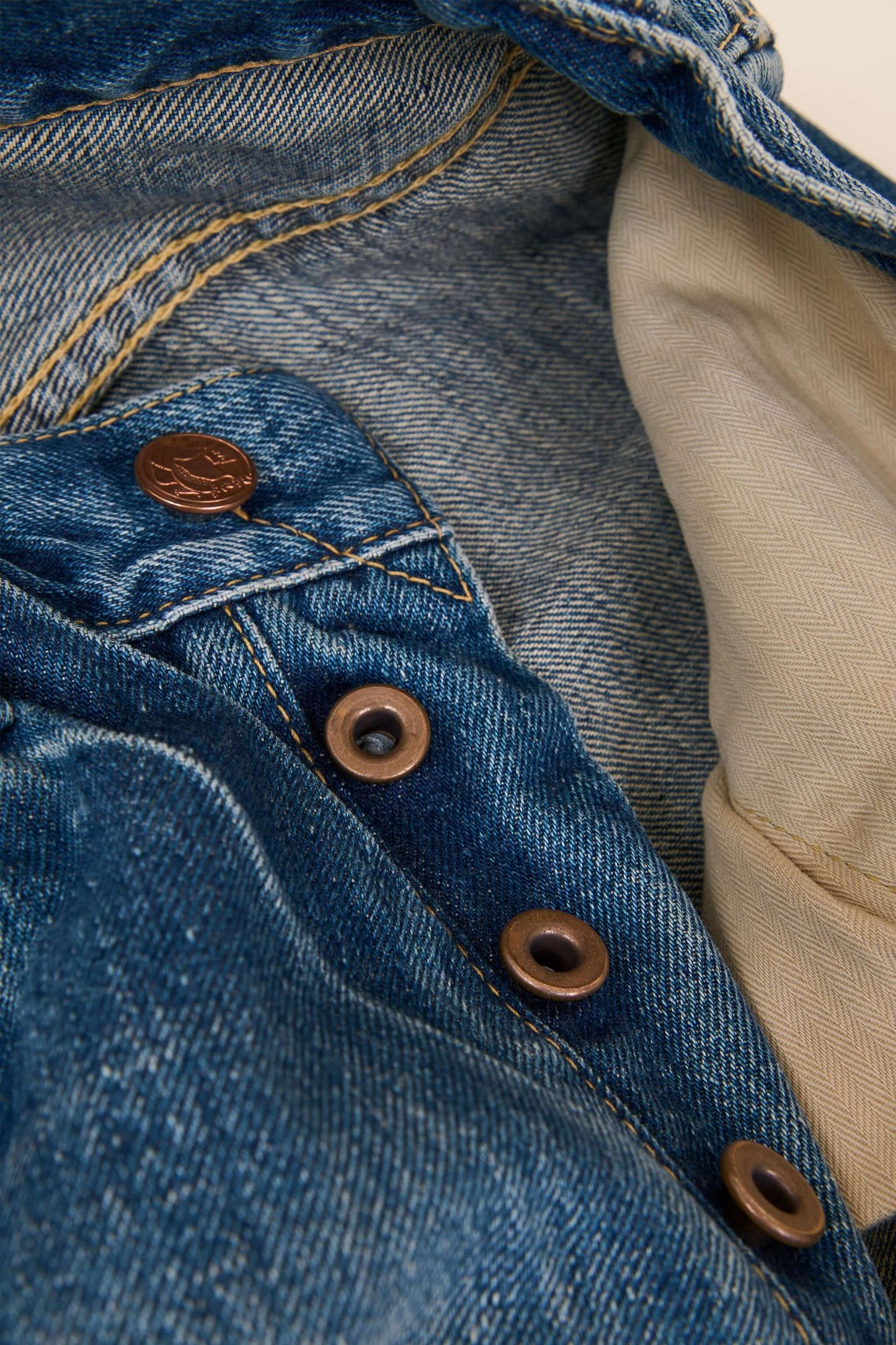 Godspeed 1950UV Selvedge Jeans – washed denim and brass button fly with embossed logo