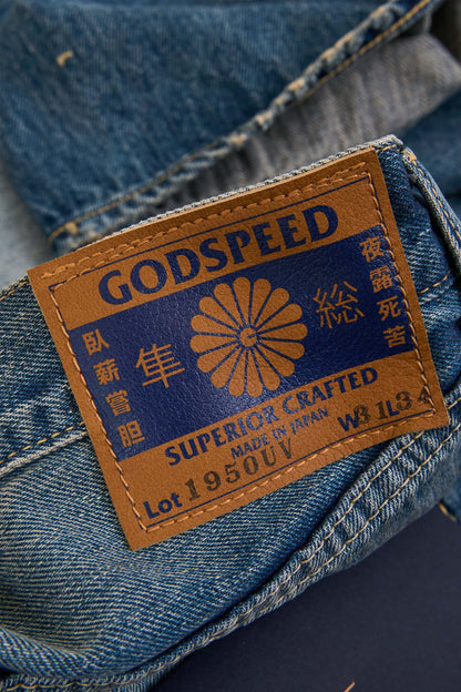Godspeed 1950UV 13oz Vintage Wash Wide Straight Japanese Selvedge Jeans – leather patch with hand-stamped logo detail