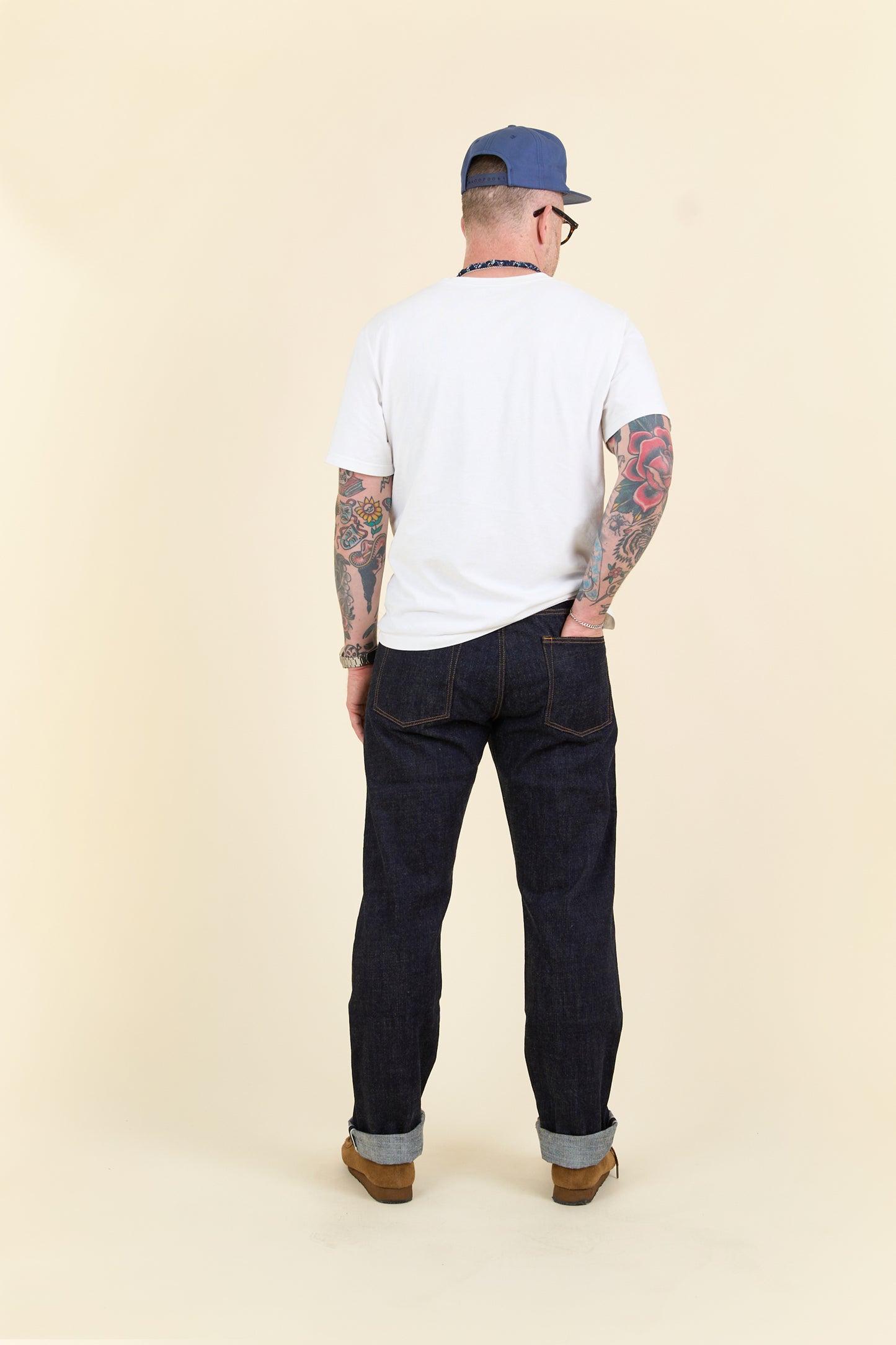 Japan Blue J427 Classic Straight Selvedge Jeans – back view showing leather patch and pocket design


