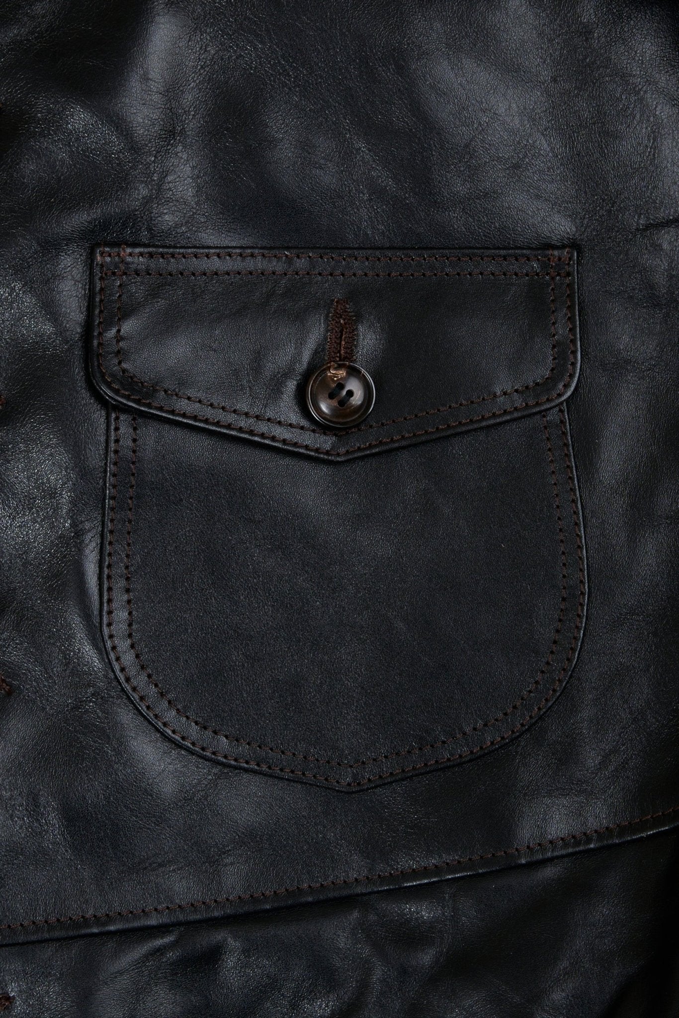 Double Helix 1920s Horsehide Jacket – horn button and stitching detail.
