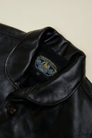 Double Helix 1920s Horsehide Jacket – rounded shawl collar and button-front detail close-up.
