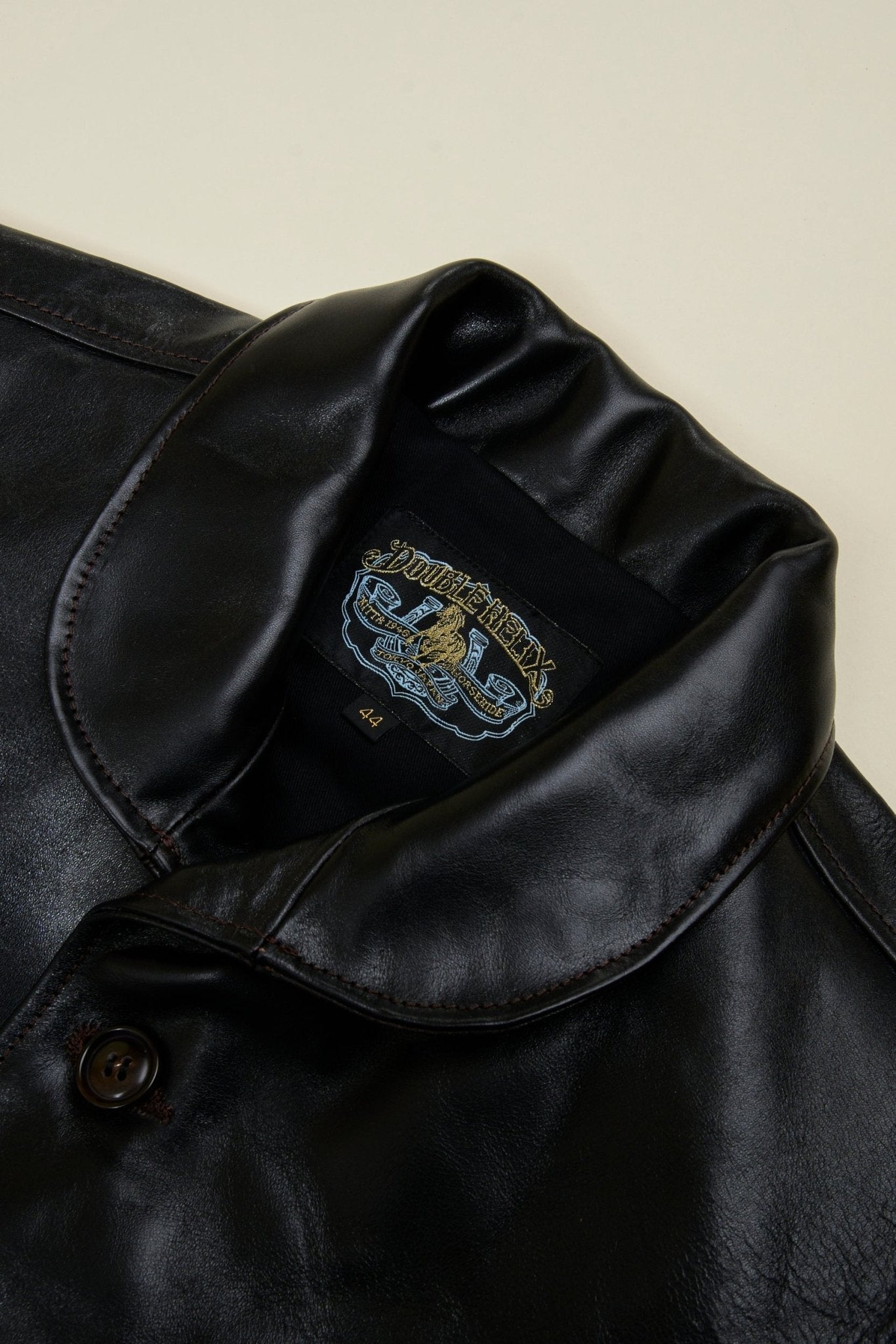 Double Helix 1920s Horsehide Jacket – rounded shawl collar and button-front detail close-up.
