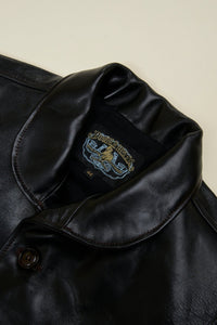 Double Helix 1920s Horsehide Jacket – rounded shawl collar and button-front detail close-up.
