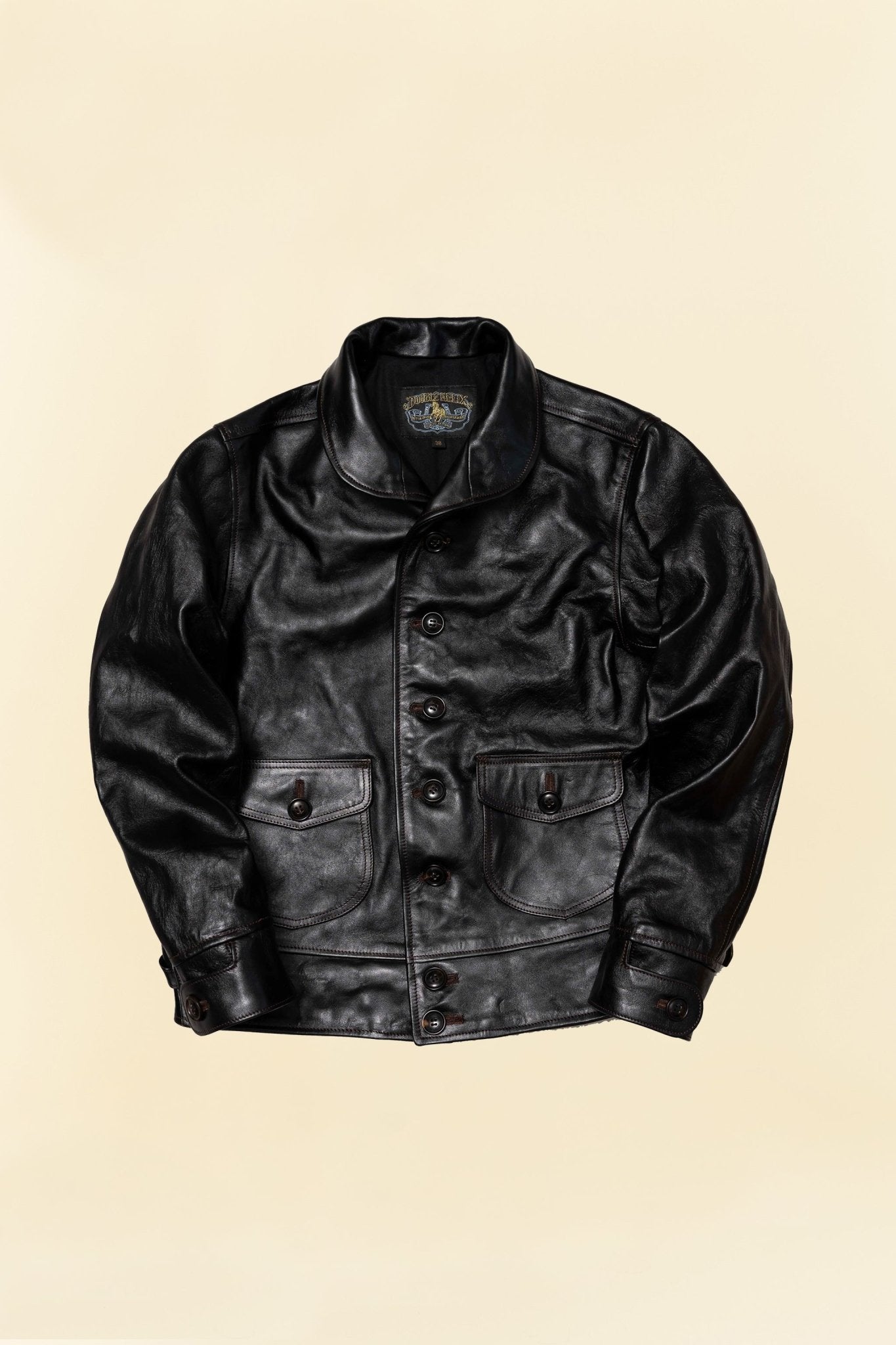 Double Helix Classic 1920s Horsehide Leather Jacket – front view showing shawl collar and button-front closure.

