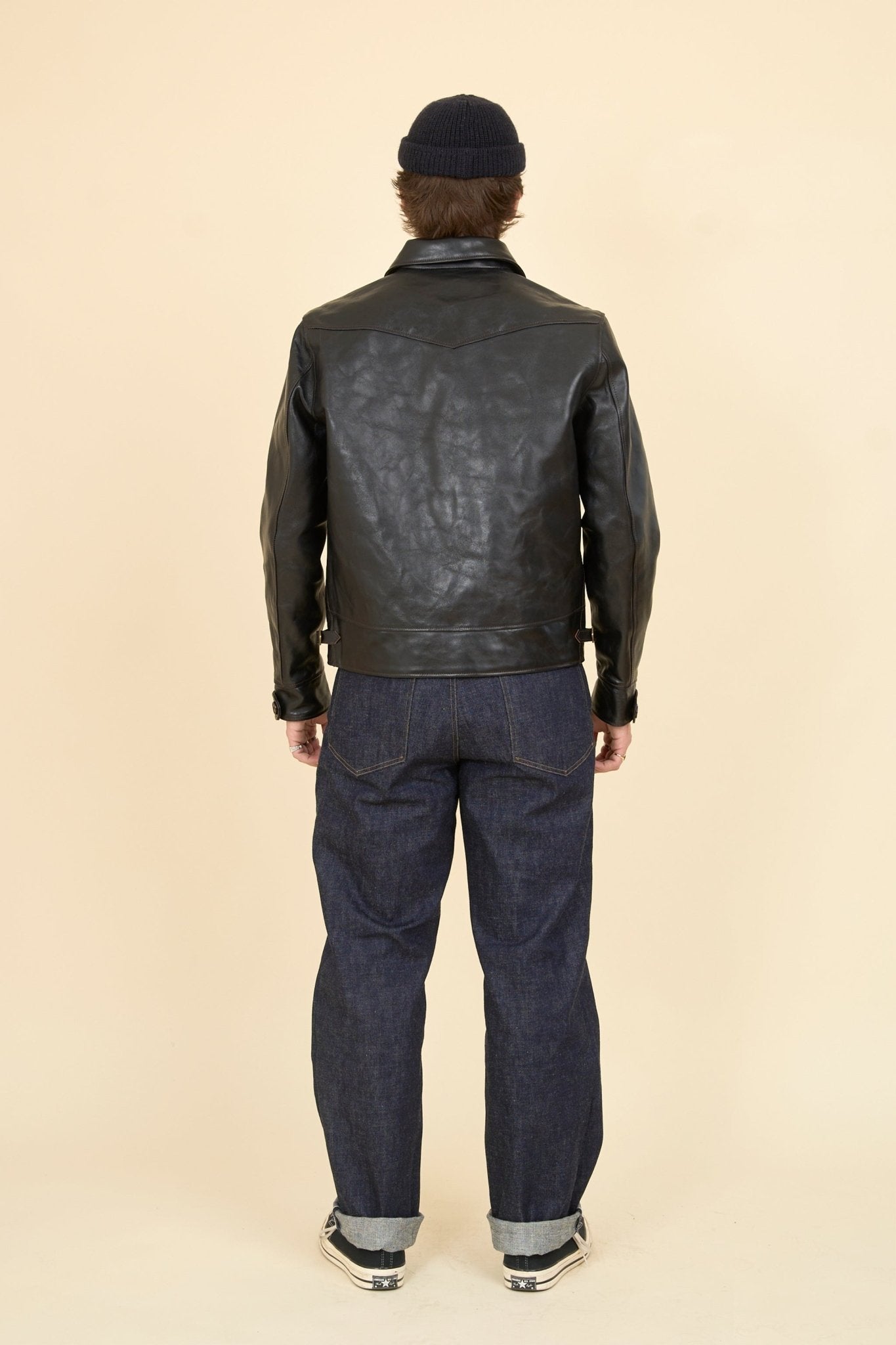 Double Helix Classic 1920s Horsehide Jacket – back view showing cinch-back waist adjuster and classic vintage fit.
