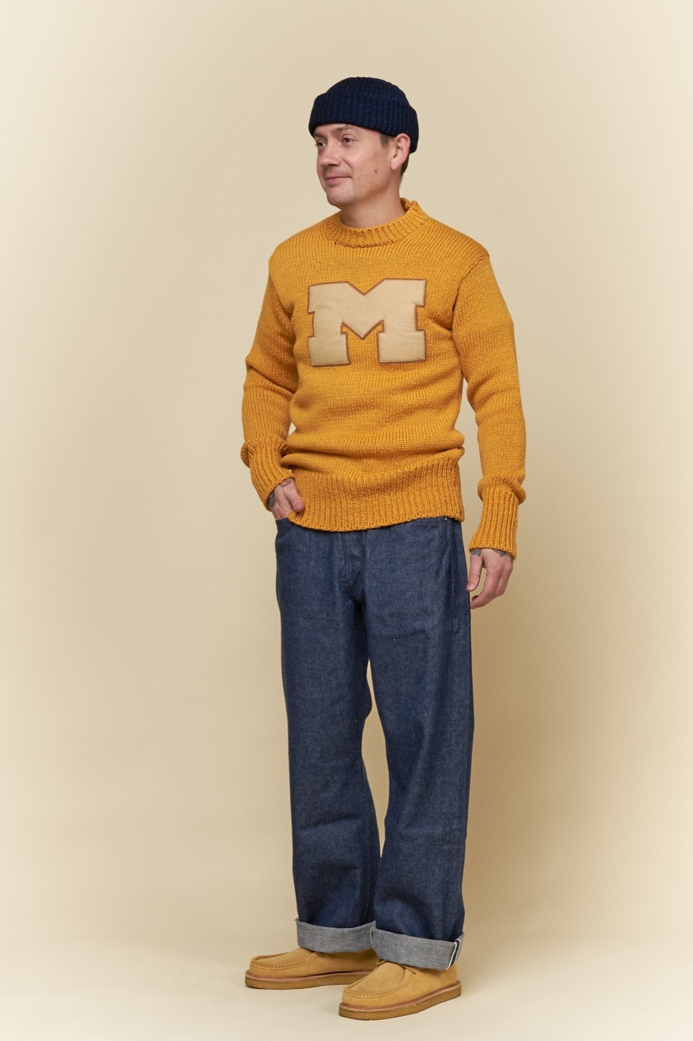 Fullcount Husk Wool Letterman School Sweater - Mustard -Fullcount - URAHARA