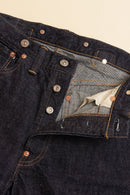 TCB 20’s Jeans – button fly profile showing branded buttons, belt loops and suspender buttons
