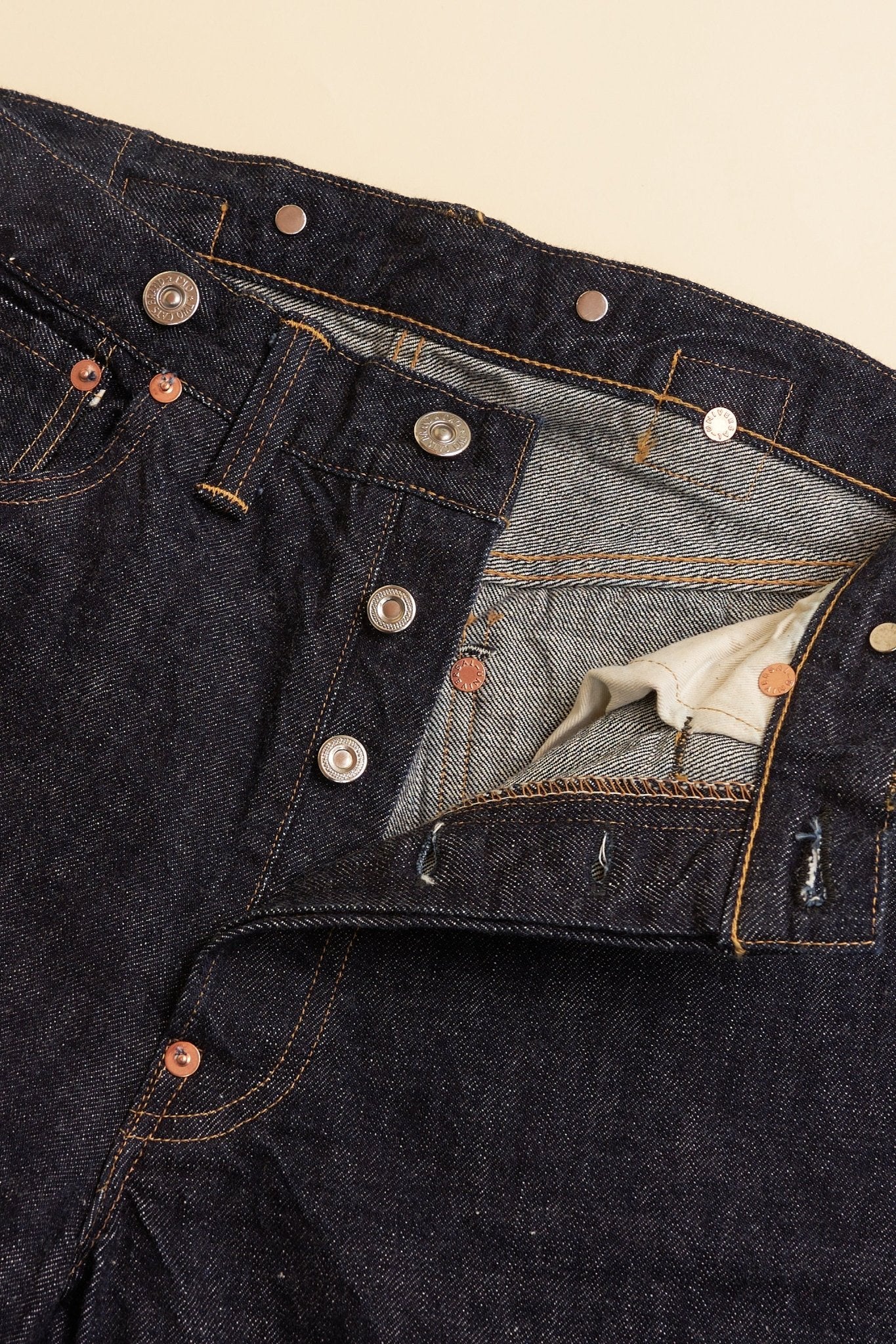 TCB 20’s Jeans – button fly profile showing branded buttons, belt loops and suspender buttons
