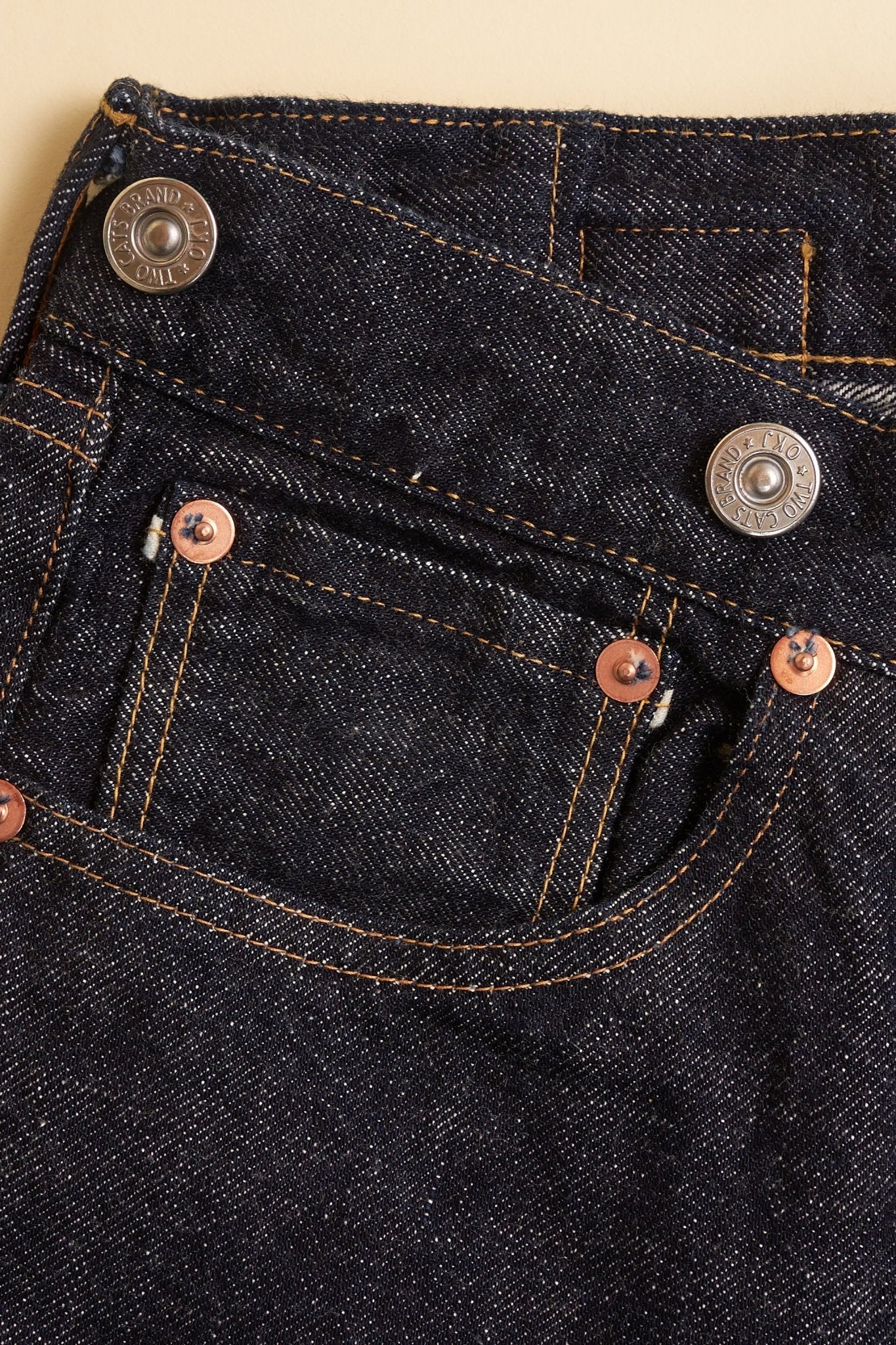 TCB Jeans 20's Straight Selvedge Denim - coin pokcet detail with brass rivets